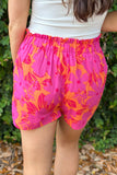 LC731419-10-S, LC731419-10-M, LC731419-10-L, LC731419-10-XL, Pink Floral Print Smocked Waist Shorts