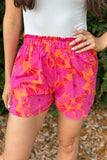 LC731419-10-S, LC731419-10-M, LC731419-10-L, LC731419-10-XL, Pink Floral Print Smocked Waist Shorts