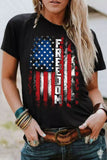 LC25221388-2-S, LC25221388-2-M, LC25221388-2-L, LC25221388-2-XL, LC25221388-2-2XL, Black Womens FREEDOM American Flag Print Graphic T Shirt Short Sleeve Tops