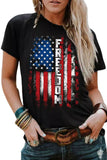 LC25221388-2-S, LC25221388-2-M, LC25221388-2-L, LC25221388-2-XL, LC25221388-2-2XL, Black Womens FREEDOM American Flag Print Graphic T Shirt Short Sleeve Tops