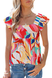 Women's Square Neck Ruffle Sleeve Abstract Print Babydoll Top
