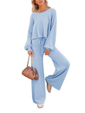 LC275002-4-S, LC275002-4-M, LC275002-4-L, LC275002-4-XL, Sky Blue Women's 2 Piece Outfit Sweater Set Long Sleeve Crop Knit Top and Wide Leg Long Pants Sweatsuit