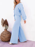 LC275002-4-S, LC275002-4-M, LC275002-4-L, LC275002-4-XL, Sky Blue Women's 2 Piece Outfit Sweater Set Long Sleeve Crop Knit Top and Wide Leg Long Pants Sweatsuit