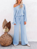 LC275002-4-S, LC275002-4-M, LC275002-4-L, LC275002-4-XL, Sky Blue Women's 2 Piece Outfit Sweater Set Long Sleeve Crop Knit Top and Wide Leg Long Pants Sweatsuit