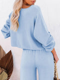 LC275002-4-S, LC275002-4-M, LC275002-4-L, LC275002-4-XL, Sky Blue Women's 2 Piece Outfit Sweater Set Long Sleeve Crop Knit Top and Wide Leg Long Pants Sweatsuit