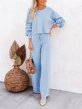 LC275002-4-S, LC275002-4-M, LC275002-4-L, LC275002-4-XL, Sky Blue Women's 2 Piece Outfit Sweater Set Long Sleeve Crop Knit Top and Wide Leg Long Pants Sweatsuit