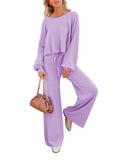 LC275002-8-S, LC275002-8-M, LC275002-8-L, LC275002-8-XL, Purple Women's 2 Piece Outfit Sweater Set Long Sleeve Crop Knit Top and Wide Leg Long Pants Sweatsuit