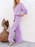 LC275002-8-S, LC275002-8-M, LC275002-8-L, LC275002-8-XL, Purple Women's 2 Piece Outfit Sweater Set Long Sleeve Crop Knit Top and Wide Leg Long Pants Sweatsuit