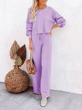 LC275002-8-S, LC275002-8-M, LC275002-8-L, LC275002-8-XL, Purple Women's 2 Piece Outfit Sweater Set Long Sleeve Crop Knit Top and Wide Leg Long Pants Sweatsuit