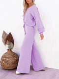 LC275002-8-S, LC275002-8-M, LC275002-8-L, LC275002-8-XL, Purple Women's 2 Piece Outfit Sweater Set Long Sleeve Crop Knit Top and Wide Leg Long Pants Sweatsuit