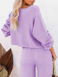 LC275002-8-S, LC275002-8-M, LC275002-8-L, LC275002-8-XL, Purple Women's 2 Piece Outfit Sweater Set Long Sleeve Crop Knit Top and Wide Leg Long Pants Sweatsuit
