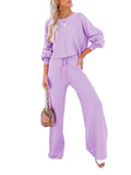 LC275002-8-S, LC275002-8-M, LC275002-8-L, LC275002-8-XL, Purple Women's 2 Piece Outfit Sweater Set Long Sleeve Crop Knit Top and Wide Leg Long Pants Sweatsuit