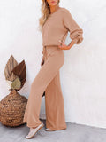 LC275002-21-S, LC275002-21-M, LC275002-21-L, LC275002-21-XL, Nude Women's 2 Piece Outfit Sweater Set Long Sleeve Crop Knit Top and Wide Leg Long Pants Sweatsuit