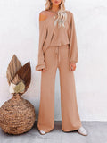 LC275002-21-S, LC275002-21-M, LC275002-21-L, LC275002-21-XL, Nude Women's 2 Piece Outfit Sweater Set Long Sleeve Crop Knit Top and Wide Leg Long Pants Sweatsuit