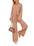 LC275002-21-S, LC275002-21-M, LC275002-21-L, LC275002-21-XL, Nude Women's 2 Piece Outfit Sweater Set Long Sleeve Crop Knit Top and Wide Leg Long Pants Sweatsuit