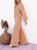 LC275002-21-S, LC275002-21-M, LC275002-21-L, LC275002-21-XL, Nude Women's 2 Piece Outfit Sweater Set Long Sleeve Crop Knit Top and Wide Leg Long Pants Sweatsuit