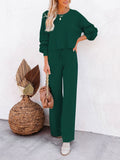 LC275002-409-S, LC275002-409-M, LC275002-409-L, LC275002-409-XL, Dark Green Women's 2 Piece Outfit Sweater Set Long Sleeve Crop Knit Top and Wide Leg Long Pants Sweatsuit