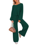 LC275002-409-S, LC275002-409-M, LC275002-409-L, LC275002-409-XL, Dark Green Women's 2 Piece Outfit Sweater Set Long Sleeve Crop Knit Top and Wide Leg Long Pants Sweatsuit