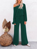 LC275002-409-S, LC275002-409-M, LC275002-409-L, LC275002-409-XL, Dark Green Women's 2 Piece Outfit Sweater Set Long Sleeve Crop Knit Top and Wide Leg Long Pants Sweatsuit