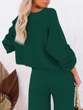 LC275002-409-S, LC275002-409-M, LC275002-409-L, LC275002-409-XL, Dark Green Women's 2 Piece Outfit Sweater Set Long Sleeve Crop Knit Top and Wide Leg Long Pants Sweatsuit