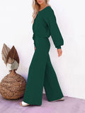 LC275002-409-S, LC275002-409-M, LC275002-409-L, LC275002-409-XL, Dark Green Women's 2 Piece Outfit Sweater Set Long Sleeve Crop Knit Top and Wide Leg Long Pants Sweatsuit