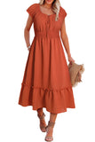 LC6115571-3-S, LC6115571-3-M, LC6115571-3-L, LC6115571-3-XL, Red Puff Sleeve Tied V-Neck Smock Waist Frill Midi Dress   