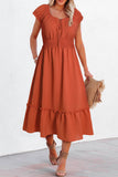 LC6115571-3-S, LC6115571-3-M, LC6115571-3-L, LC6115571-3-XL, Red Puff Sleeve Tied V-Neck Smock Waist Frill Midi Dress   