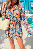 LC6116316-22-S, LC6116316-22-M, LC6116316-22-L, LC6116316-22-XL, Multicolor Floral Buttoned Collared Long Sleeve Mini Dress