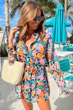 LC6116316-22-S, LC6116316-22-M, LC6116316-22-L, LC6116316-22-XL, Multicolor Floral Buttoned Collared Long Sleeve Mini Dress