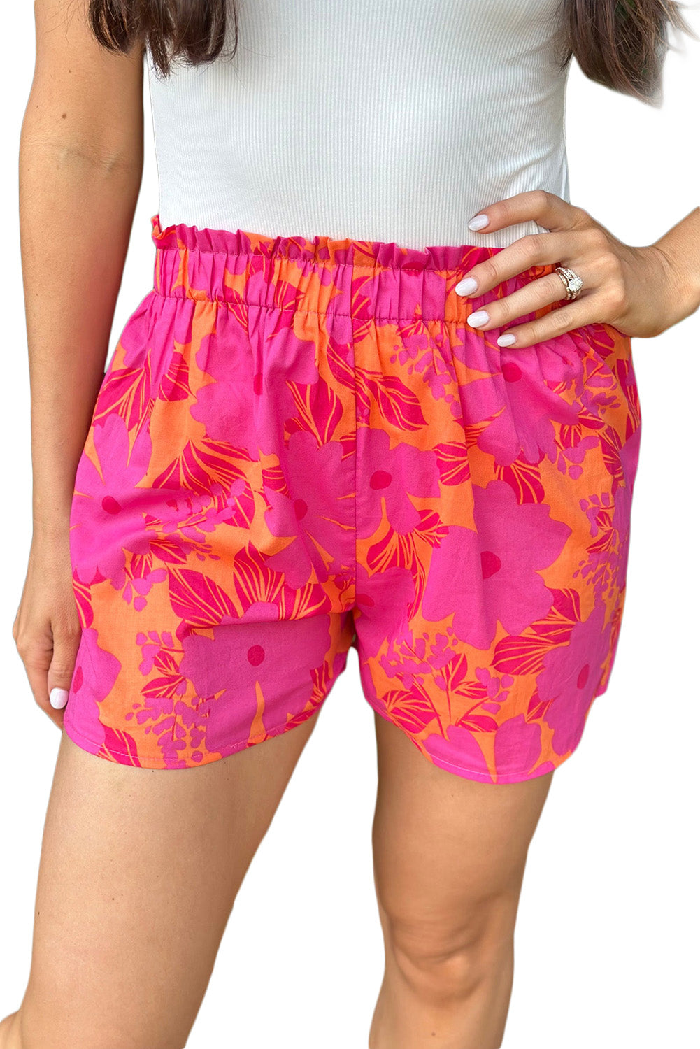 LC731419-10-S, LC731419-10-M, LC731419-10-L, LC731419-10-XL, Pink Floral Print Smocked Waist Shorts