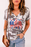 LC25221484-11-S, LC25221484-11-M, LC25221484-11-L, LC25221484-11-XL, LC25221484-11-2XL, Gray 4th of July V Neck Camo USA Flag USA Flag Tee Shirt Patriotic Summer Tops