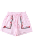 LC731219-10-S, LC731219-10-M, LC731219-10-L, LC731219-10-XL, Pink Boho Embroidered Floral Tasseled Drawstring Waist Casual Shorts