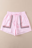 LC731219-10-S, LC731219-10-M, LC731219-10-L, LC731219-10-XL, Pink Boho Embroidered Floral Tasseled Drawstring Waist Casual Shorts