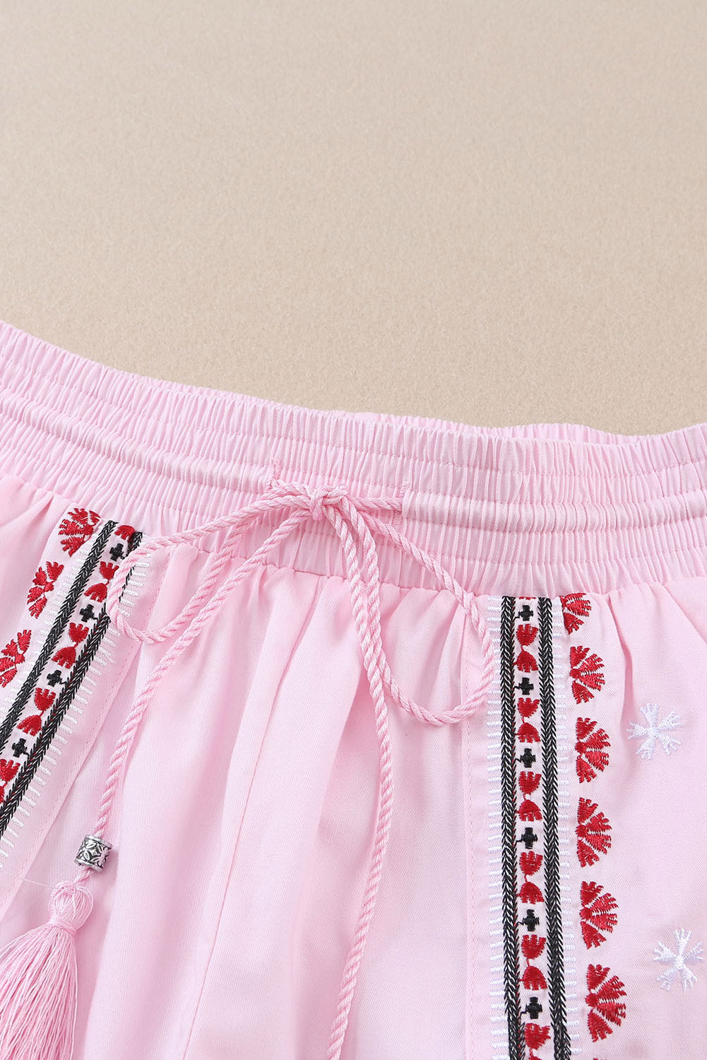 LC731219-10-S, LC731219-10-M, LC731219-10-L, LC731219-10-XL, Pink Boho Embroidered Floral Tasseled Drawstring Waist Casual Shorts