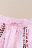 LC731219-10-S, LC731219-10-M, LC731219-10-L, LC731219-10-XL, Pink Boho Embroidered Floral Tasseled Drawstring Waist Casual Shorts
