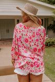 PL2511055-10-1X, PL2511055-10-2X, PL2511055-10-3X, Pink Floral Ruffled Half Sleeve V-Neck Plus Size Blouse 