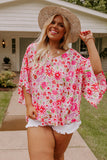 PL2511055-10-1X, PL2511055-10-2X, PL2511055-10-3X, Pink Floral Ruffled Half Sleeve V-Neck Plus Size Blouse 