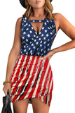 Women's Stars Stripes USA Flag Print Wrapped Mini Dress Sleeveless Bodycon Dress
