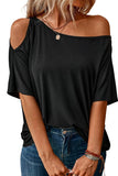 LC25221344-2-S, LC25221344-2-M, LC25221344-2-L, LC25221344-2-XL, Black Solid Asymmetrical Neck Loose Casual T-Shirt
