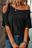 LC25221344-2-S, LC25221344-2-M, LC25221344-2-L, LC25221344-2-XL, Black Solid Asymmetrical Neck Loose Casual T-Shirt
