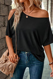 LC25221344-2-S, LC25221344-2-M, LC25221344-2-L, LC25221344-2-XL, Black Solid Asymmetrical Neck Loose Casual T-Shirt