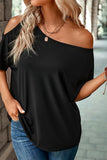 LC25221344-2-S, LC25221344-2-M, LC25221344-2-L, LC25221344-2-XL, Black Solid Asymmetrical Neck Loose Casual T-Shirt