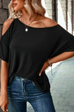 LC25221344-2-S, LC25221344-2-M, LC25221344-2-L, LC25221344-2-XL, Black Solid Asymmetrical Neck Loose Casual T-Shirt