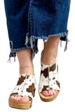 Women's Cow Leopard Print Cut Out Velcro Strap Wedge Sandals