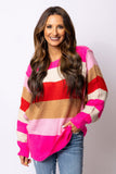 LC2723070-3-S, LC2723070-3-M, LC2723070-3-L, LC2723070-3-XL, Red Mix Horizon Stripes Dolman Sleeve Sweater