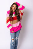 LC2723070-3-S, LC2723070-3-M, LC2723070-3-L, LC2723070-3-XL, Red Mix Horizon Stripes Dolman Sleeve Sweater