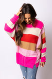 LC2723070-3-S, LC2723070-3-M, LC2723070-3-L, LC2723070-3-XL, Red Mix Horizon Stripes Dolman Sleeve Sweater