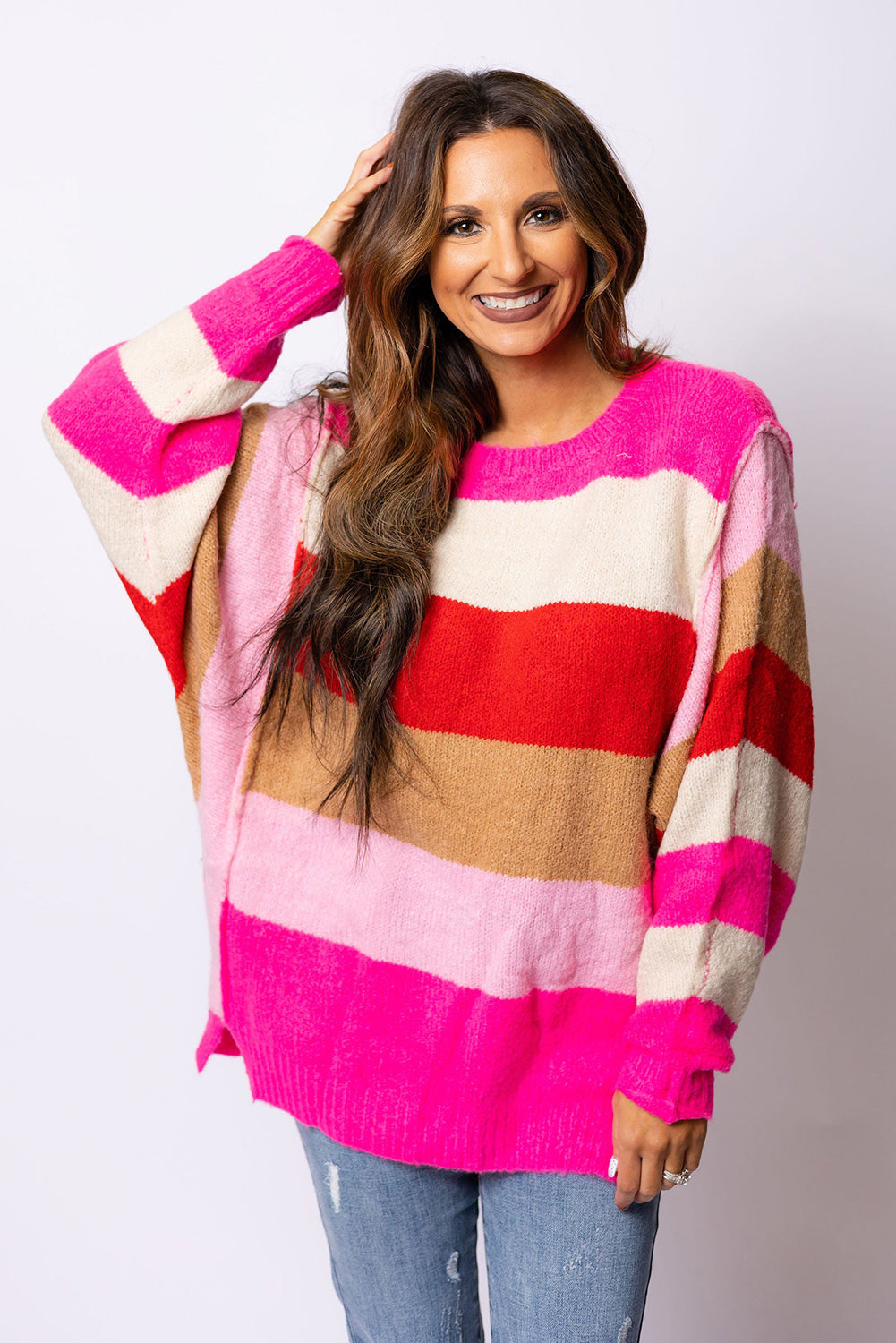 LC2723070-3-S, LC2723070-3-M, LC2723070-3-L, LC2723070-3-XL, Red Mix Horizon Stripes Dolman Sleeve Sweater