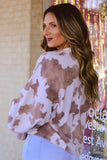 LC25314587-17-S, LC25314587-17-M, LC25314587-17-L, LC25314587-17-XL, Brown Cow Spots Print Drop Shoulder Puff Sleeve Sweatshirt