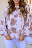 LC25314587-17-S, LC25314587-17-M, LC25314587-17-L, LC25314587-17-XL, Brown Cow Spots Print Drop Shoulder Puff Sleeve Sweatshirt